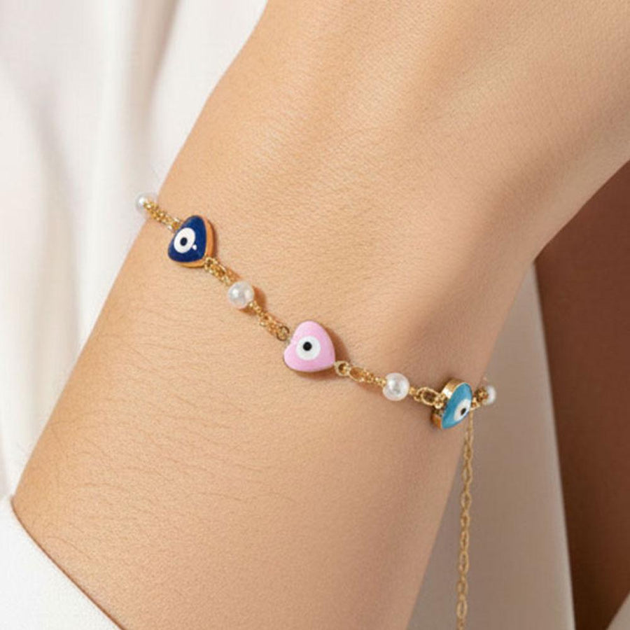 Gold Dipped Heart Evil Eye Pearl Bracelet | Lucky Charm Jewelry