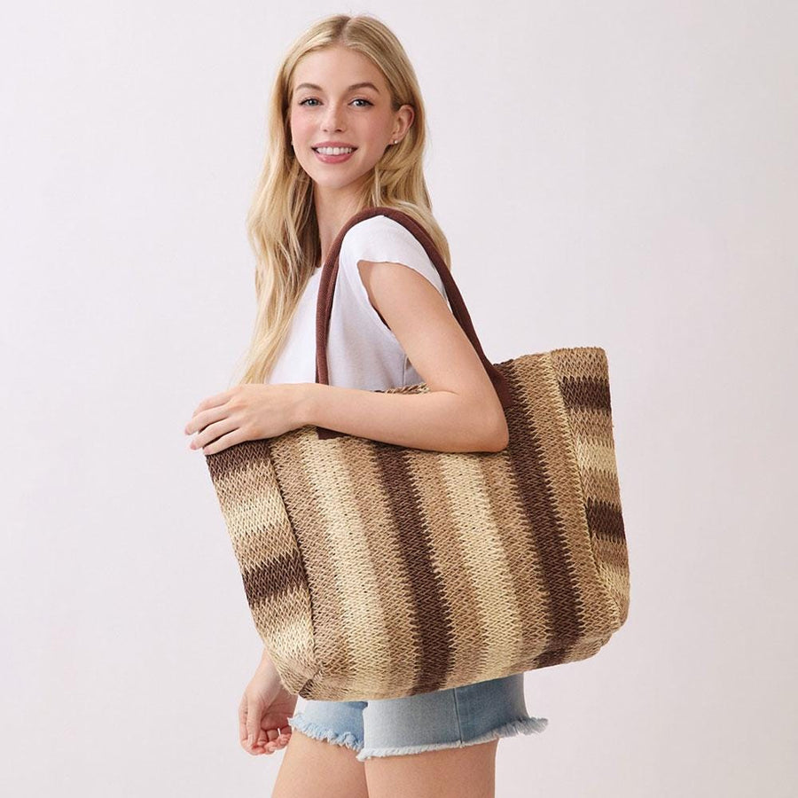 Natural Multi Colour Stripe Straw Shoulder Bag | Woven Summer Beach Tote | Boho Handbag