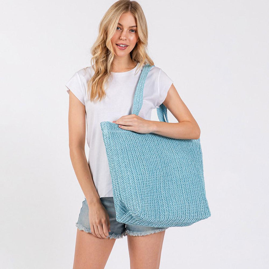 Solid Crochet Straw Tote Bag | Woven Shoulder Beach Bag | Boho Summer Handbag
