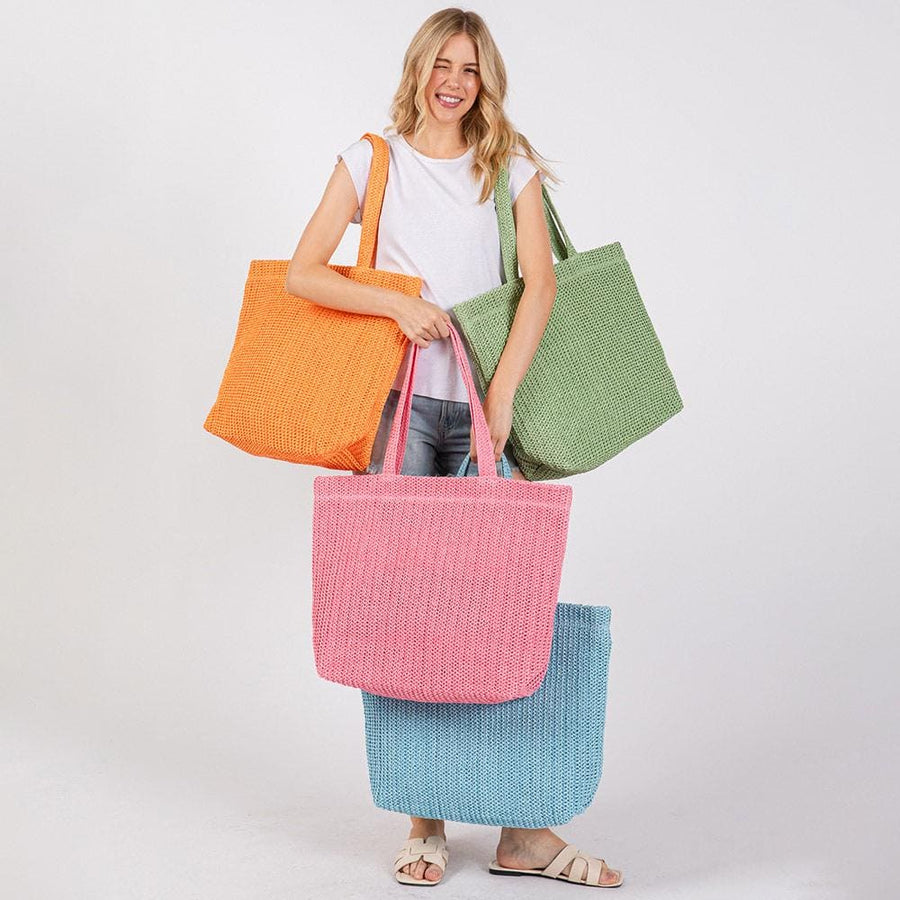 Solid Crochet Straw Tote Bag | Woven Shoulder Beach Bag | Boho Summer Handbag