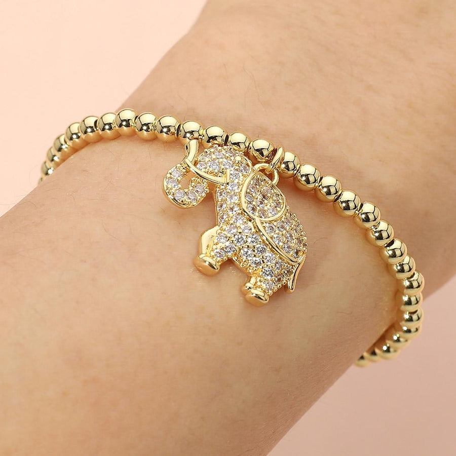 Lucky Elephant Charm Stretch Bracelet | CZ Paved Beaded Stainless Steel Stackable Jewelry