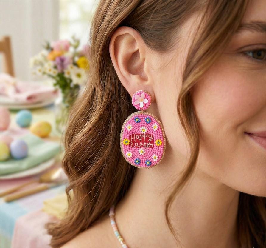 Happy Easter Beaded Egg Dangle Earrings - Statement Jewelry, Festive Easter Basket Gift for Women