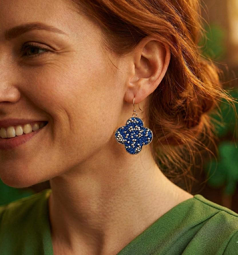 Glitter Stone Clover Dangle Earrings – Sparkly Shamrock Drop Jewelry for St. Patrick’s Day