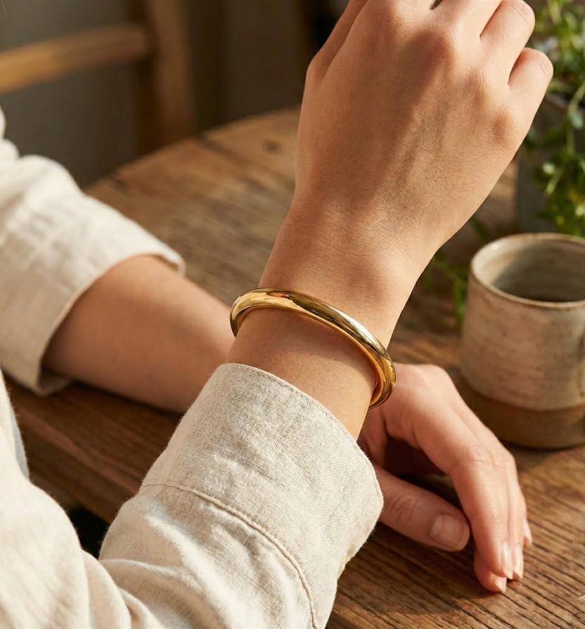 Polished Metal Dome Bangle Bracelet – Minimalist Chunky Statement Modern Everyday Jewelry