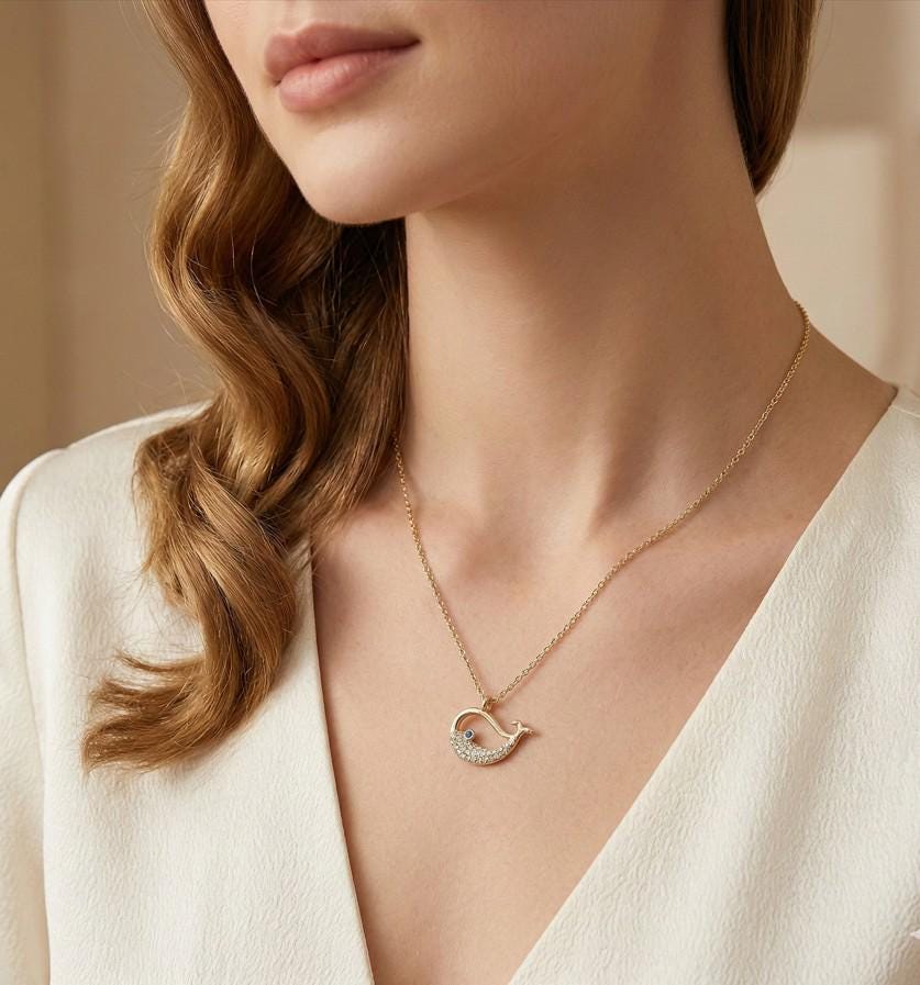 18K Gold Dipped or Silver Sparkly CZ Paved Whale Pendant Necklace | Beach Jewelry Trend
