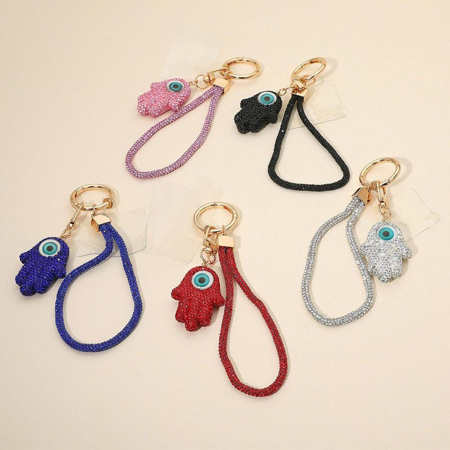 Bling Studded Evil Eye Hamsa Hand Keychain | Rhinestone Charm Bag Accessory | Phone Holder Charm