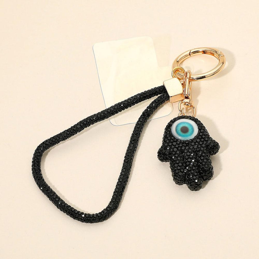 Bling Studded Evil Eye Hamsa Hand Keychain | Rhinestone Charm Bag Accessory | Phone Holder Charm