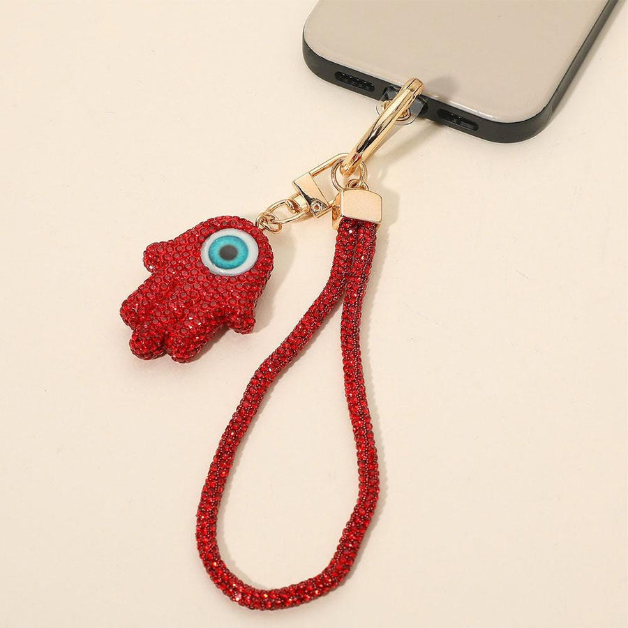 Bling Studded Evil Eye Hamsa Hand Keychain | Rhinestone Charm Bag Accessory | Phone Holder Charm