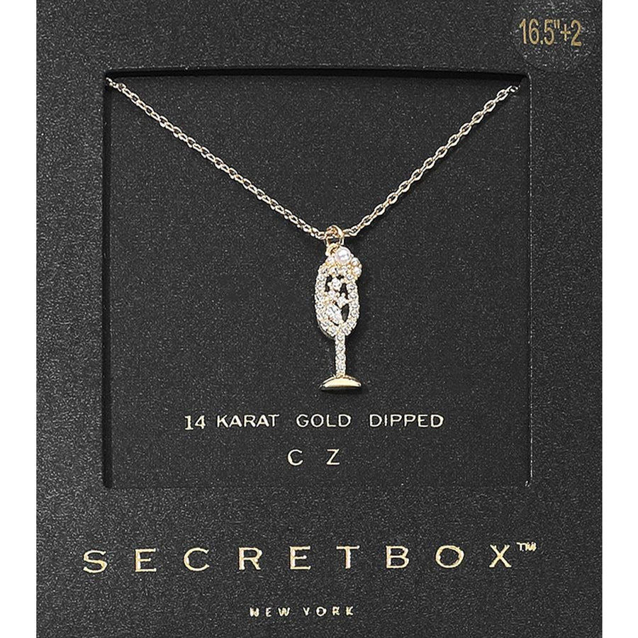 Gold Dipped Champagne Glass Pendant Necklace, CZ Pearl Celebration Jewelry