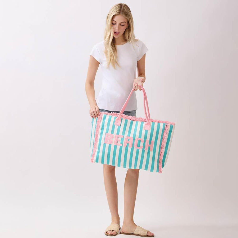 Striped Terry Tote Bag | Soft Summer Embroidery Shopper Carry on | Beach Shoulder Bag
