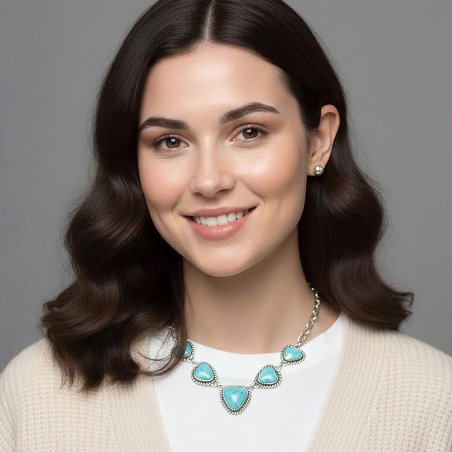 Heart Shape Natural Stone Pendant Accented Necklace Set with Stud Earrings, Boho Charm Jewelry