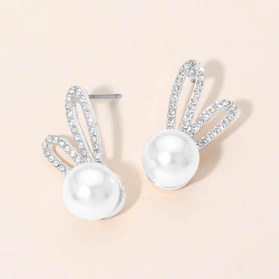 Sparkly Easter Bunny Pearl Stud Earrings, Rhinestone Style Jewelry for Easter basket Gift