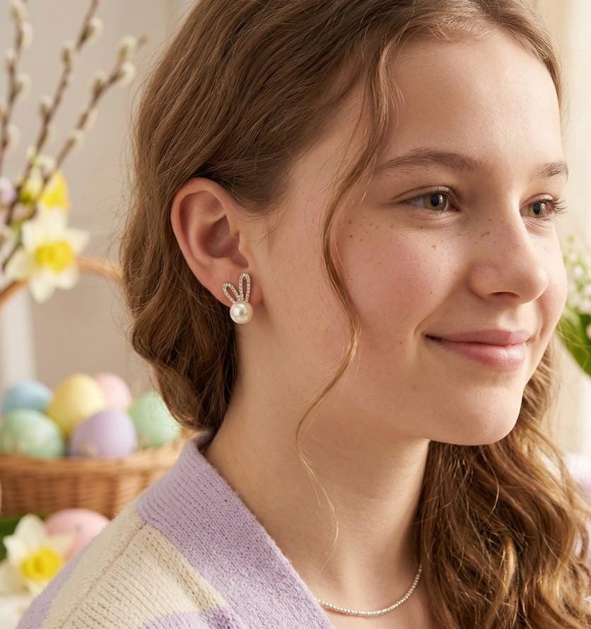 Sparkly Easter Bunny Pearl Stud Earrings, Rhinestone Style Jewelry for Easter basket Gift