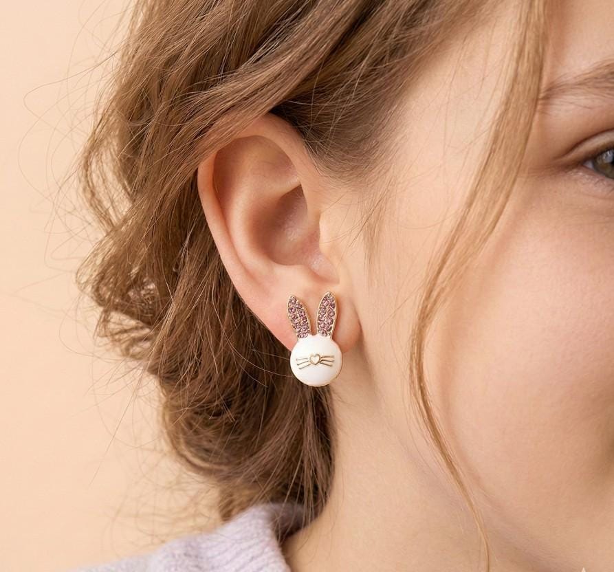 Sparkly Easter Bunny Face Earrings, Rhinestone Rabbit Studs for Easter, Spring Gift