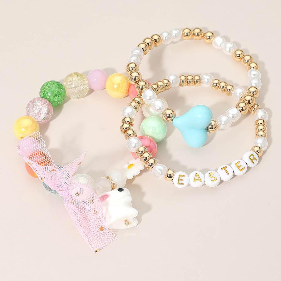 Easter Bunny Charm Beaded Bracelet Stack, Stretch Bracelets, Spring Jewelry, Easter Basket Gift