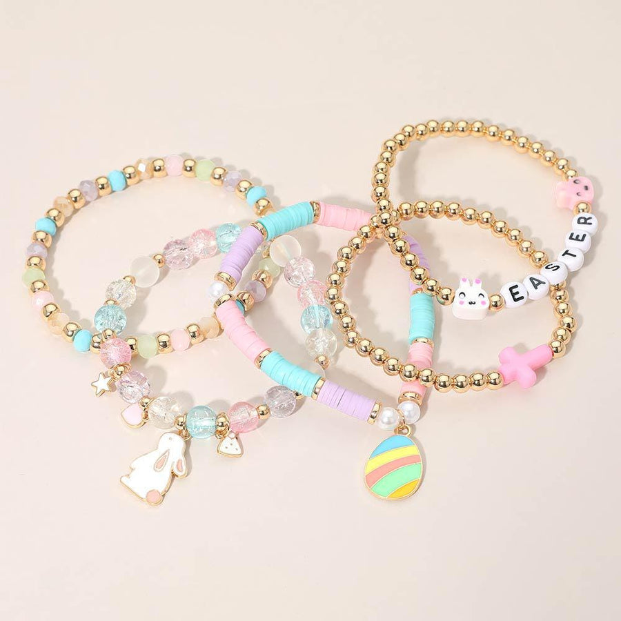 Easter Bunny Charm Beaded Bracelet Stack, Stretch Bracelets, Spring Jewelry, Easter Basket Gift