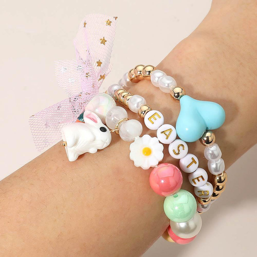 Easter Bunny Charm Beaded Bracelet Stack, Stretch Bracelets, Spring Jewelry, Easter Basket Gift