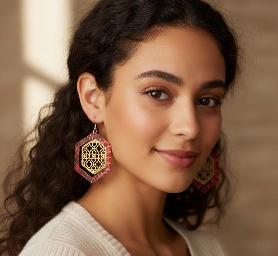 Faux Leather Moroccan Filigree Dangle Earrings | Boho Statement Drop Earrings | Lightweight Ethnic Style Jewelry