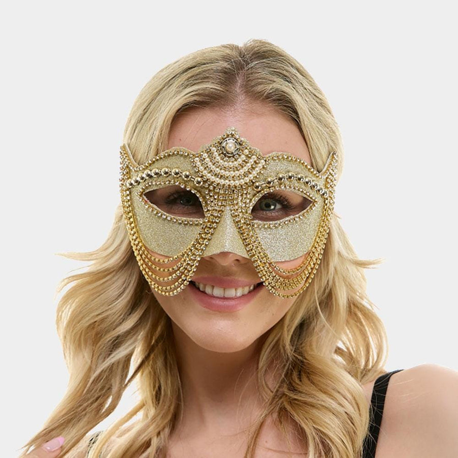 Glittered Masquerade Mask with Layered Chain Accent | Venetian Style Costume Party Mask