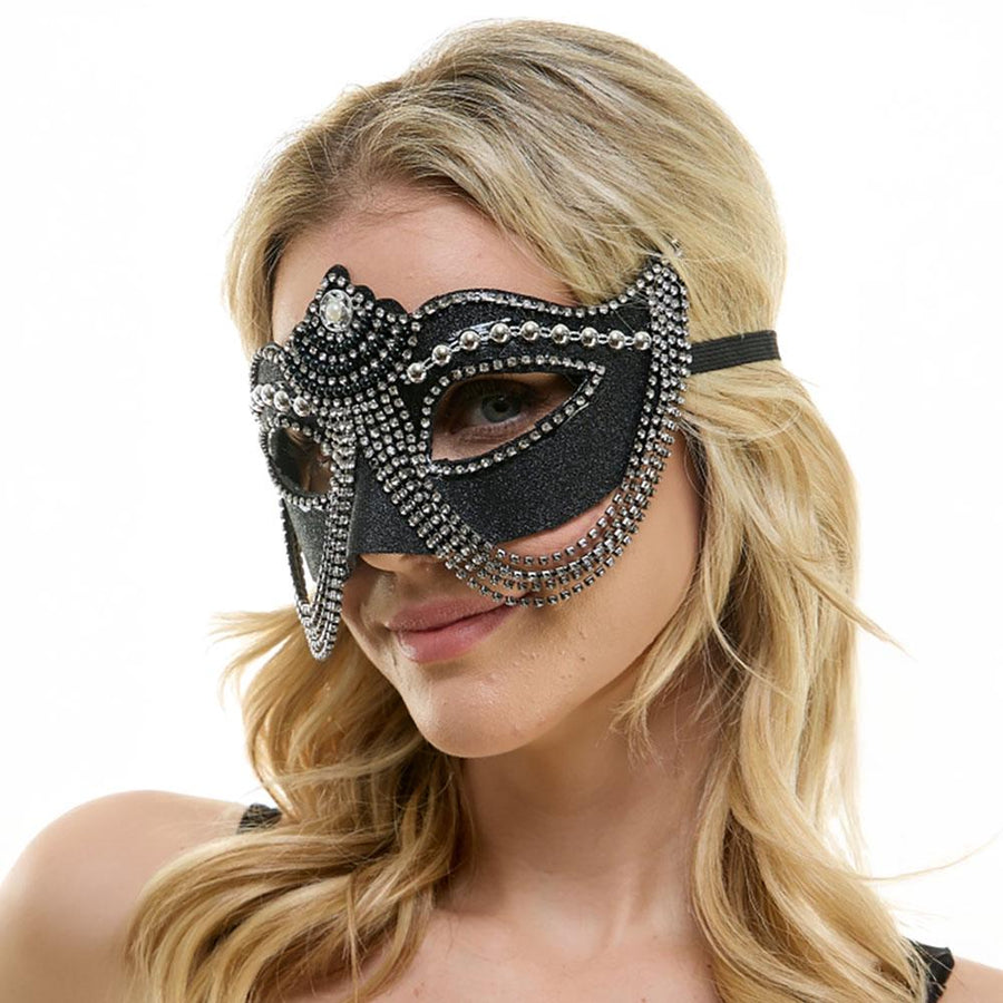 Glittered Masquerade Mask with Layered Chain Accent | Venetian Style Costume Party Mask