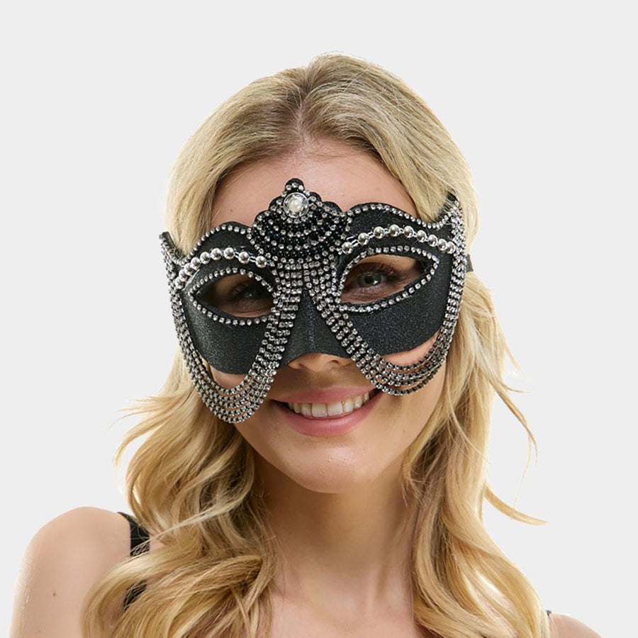 Glittered Masquerade Mask with Layered Chain Accent | Venetian Style Costume Party Mask