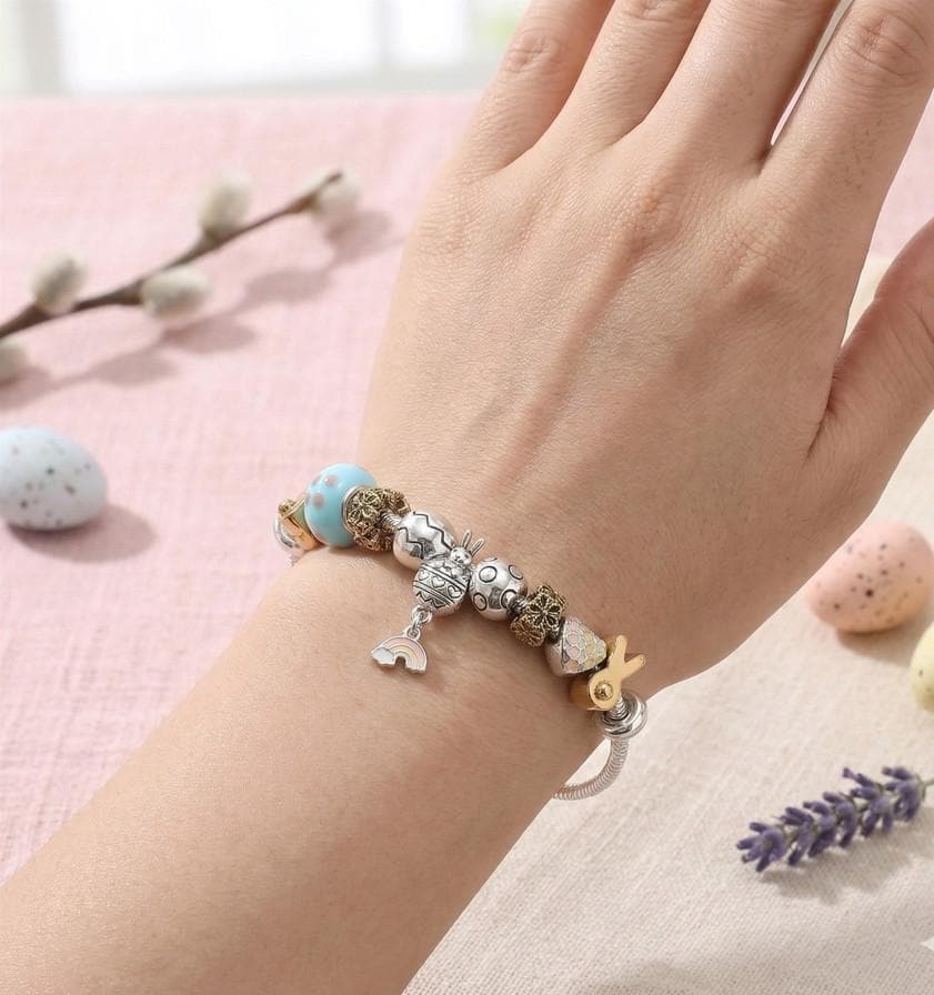 Easter Bunny Charm Bracelet, Enamel Egg Rainbow Beads, Spring Jewelry, Easter Basket Stuffer