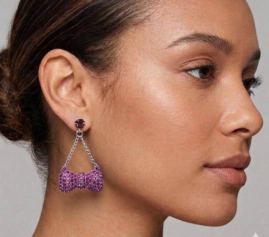 Rhinestone Bow Dangle Earrings, Crystal Party Statement Jewelry