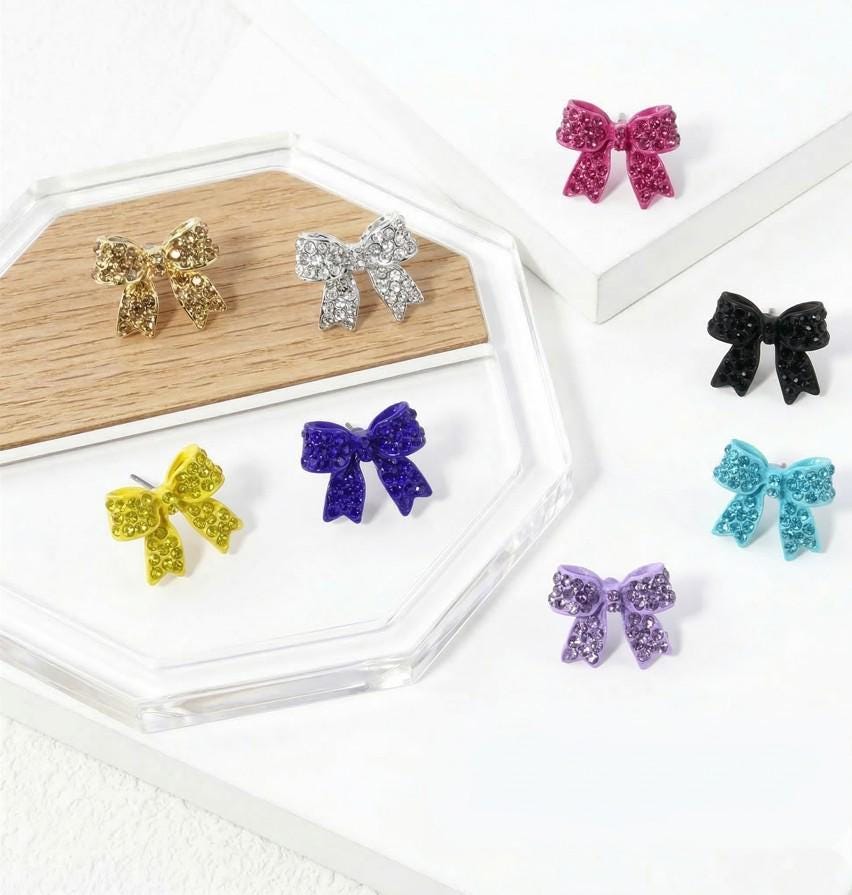 Crystal Rhinestone Sparkly Pave Bow Stud Earrings, Dainty Bow Jewelry, Bridal Wedding Gift