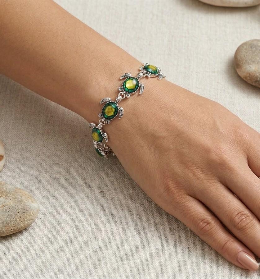 Enamel Sea Turtle Link Bracelet, Ocean Coastal Jewelry, Magnetic Closure