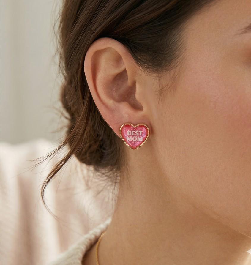 Heart Stud Earrings, Mama Message, Mother's Day Jewelry, Gift for Mom