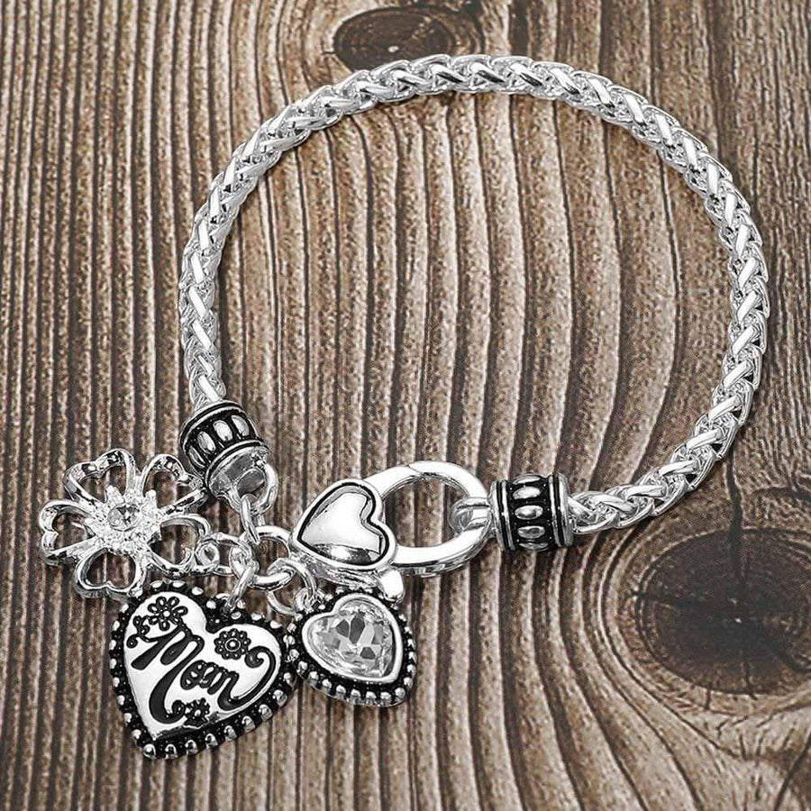 Antique Mom Heart Charm Necklace Bracelet Set, Flower Stone Pendant Jewelry