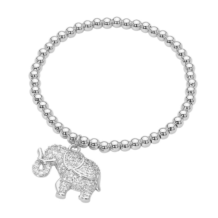Lucky Elephant Charm Stretch Bracelet | CZ Paved Beaded Stainless Steel Stackable Jewelry