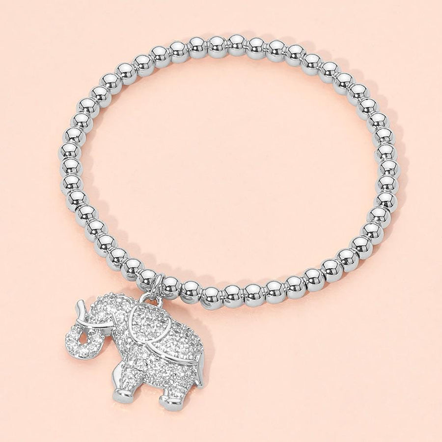 Lucky Elephant Charm Stretch Bracelet | CZ Paved Beaded Stainless Steel Stackable Jewelry