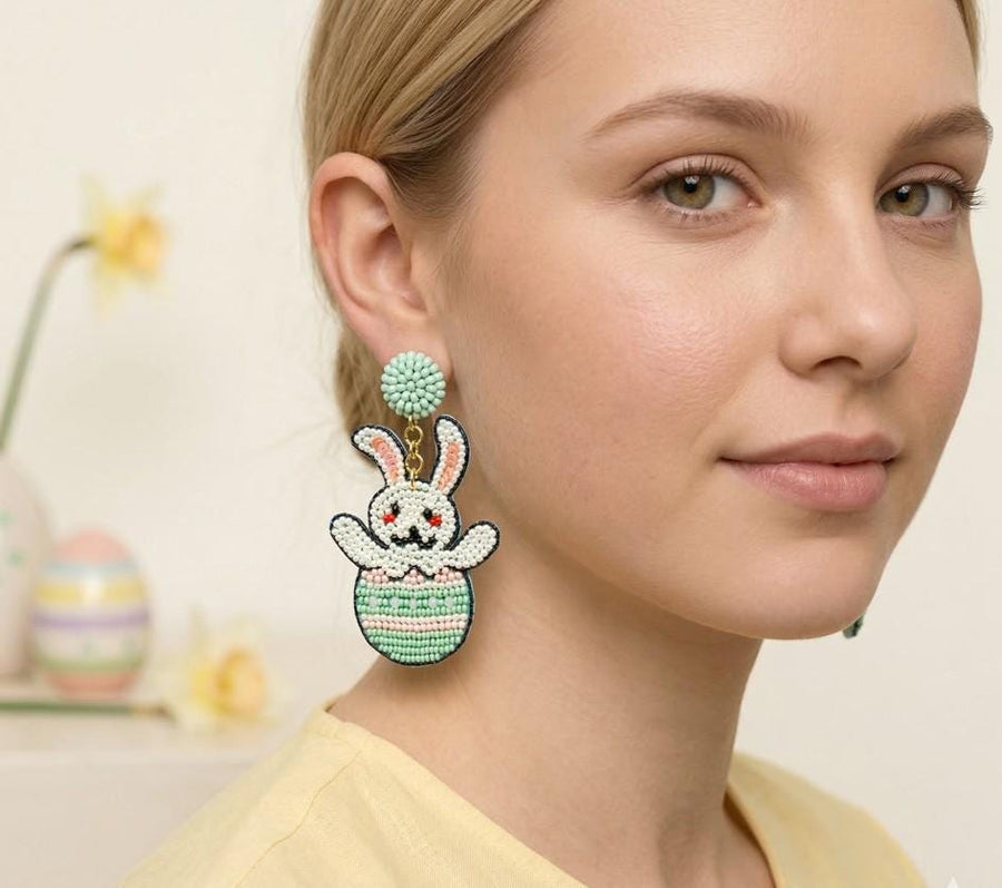 Seed Beaded Easter Bunny Egg Dangle Earrings, Felt Back Spring Holiday Jewelry