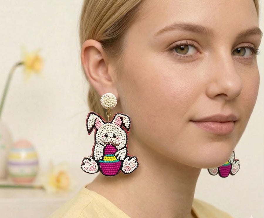 Beaded Easter Bunny Egg Dangle Earrings, Felt Back Spring Holiday Jewelry