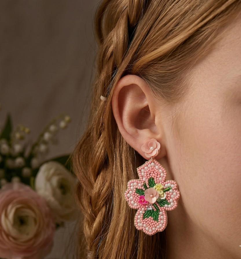 Seed Beaded Flower Cross Dangle Earrings, Boho Faith Jewelry, Christian Gift for Easter