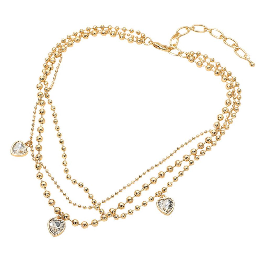 Triple Layered Heart Charm Necklace, Dainty Beaded Chain, Romantic Jewelry for Women