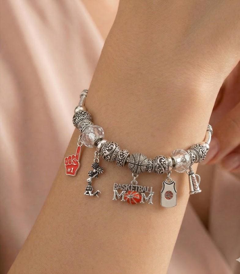 Basketball Mom Charm Multi Bead Metal Bracelet, Sports Game Day Jewelry, Mother's Day Gift