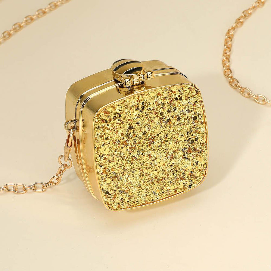 Gold Glitter Mini Clutch Bag, Square Evening Party Purse, Detachable Strap (2.75" X 2.75")