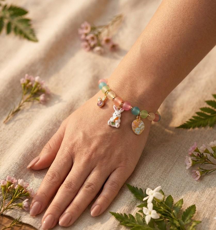 Easter Bunny Charm Bracelet, Beaded Stretch Jewelry, Spring Women Girls Accessory