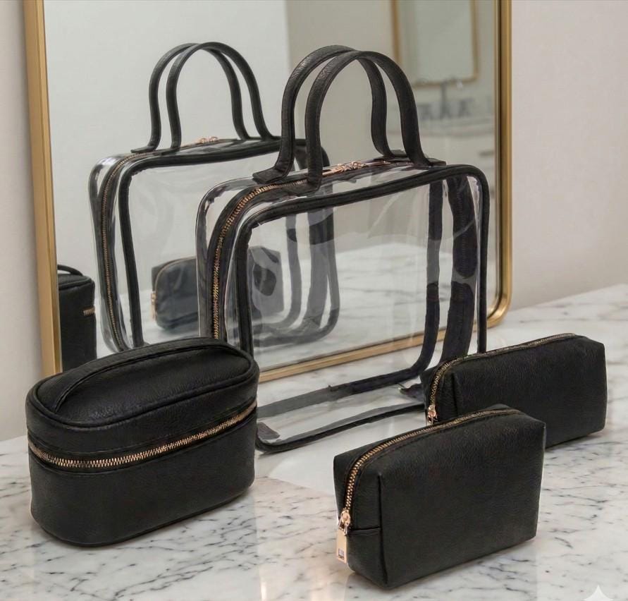 4PCS - Transparent Faux Leather Travel Cosmetic Bag Set