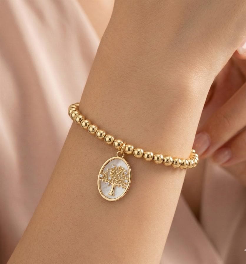 Stainless Steel Tree of Life Embossed Mother of Pearl Oval Charm Beaded Stretch Bracelet