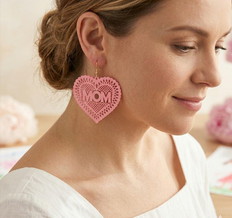 MOM Heart Dangle Earrings, Colored Brass Jewelry, Gift for Mom