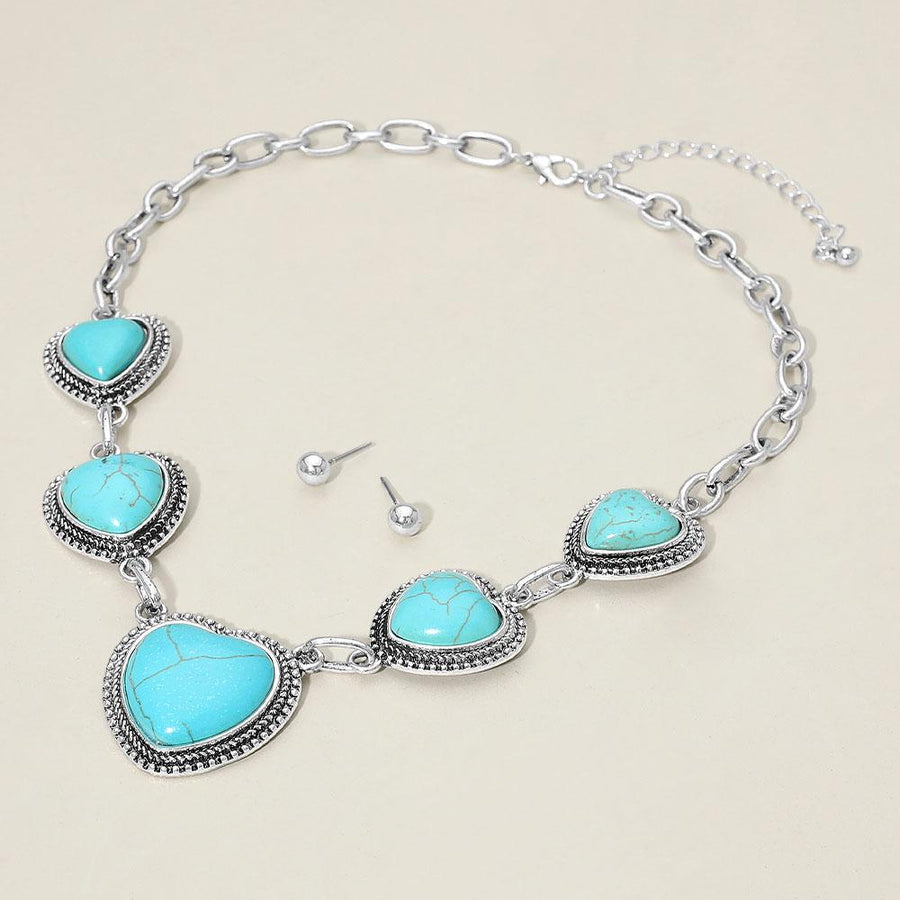 Heart Shape Natural Stone Pendant Accented Necklace Set with Stud Earrings, Boho Charm Jewelry