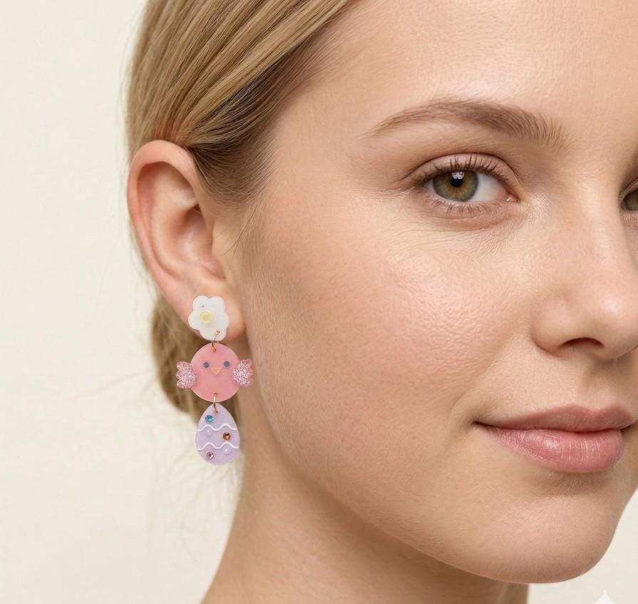 Resin Easter Chick Egg Drop Earrings, Spring Animal Lover Jewelry
