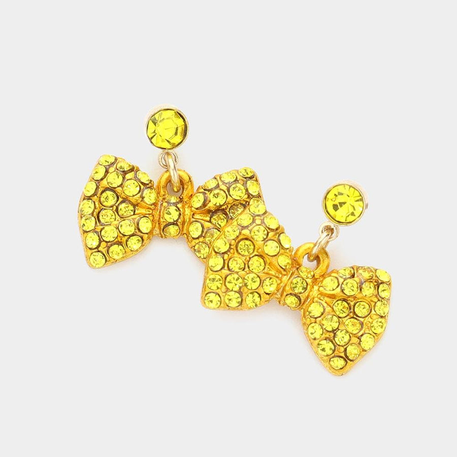 Rhinestone Bow Dangle Earrings, Crystal Embellished Girly Statement Jewelry