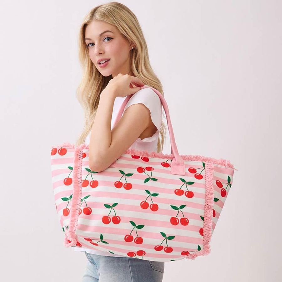 Striped Cherry Tote Bag, Large Boho Shoulder Bag, Summer Beach Travel Carryall