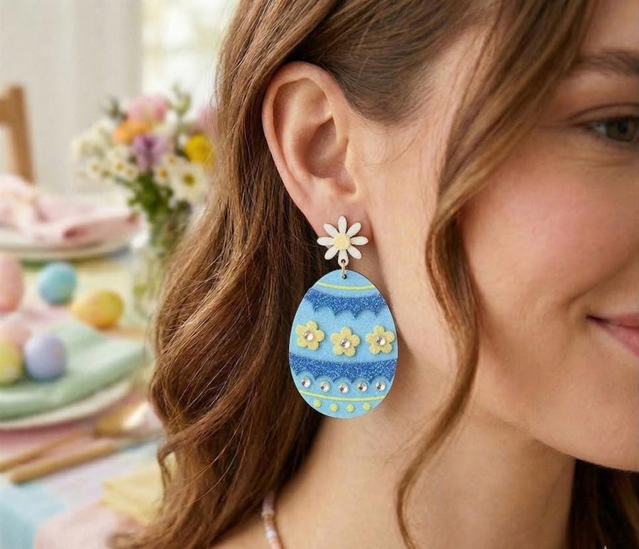 Flower Decorated Easter Egg Dangle Earrings, Pastel Spring Holiday Jewelry