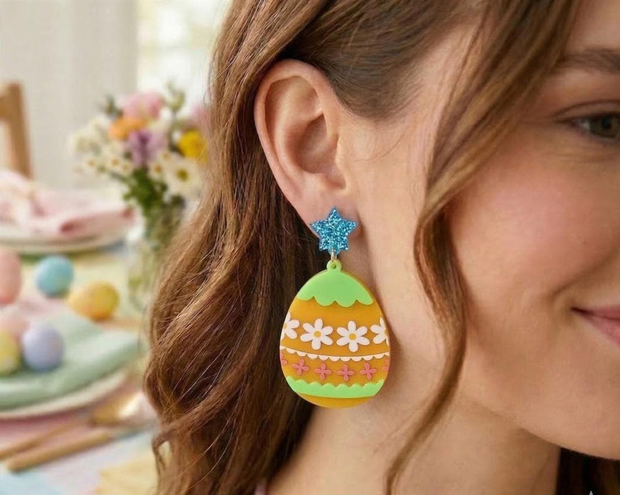 Flower Decorated Easter Egg Dangle Earrings, Pastel Spring Holiday Jewelry
