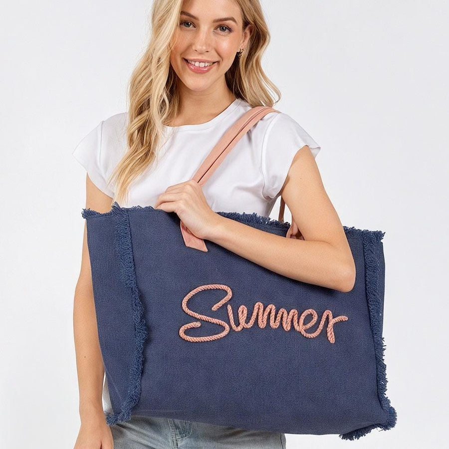 Embroidered Summer Canvas Tote Bag, Frayed Fringe Beach, Boho Shoulder Bag